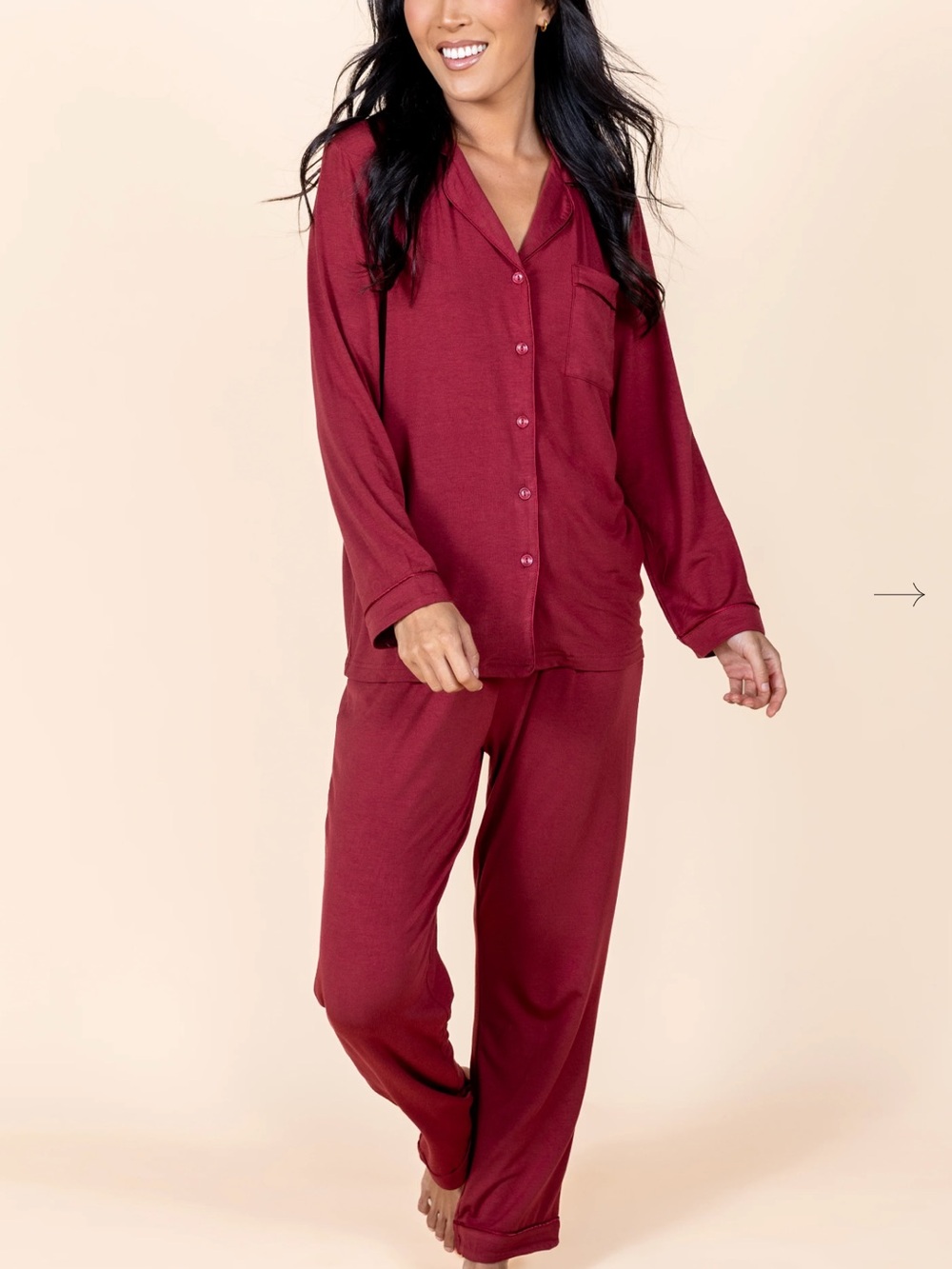 Classic Button-Front Burgundy Pajama Set - Women’s Long Sleeve